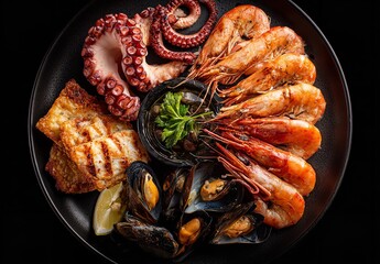 photo of a seafood soup with crab, octopus, and mussels on a dark background, Generative AI.