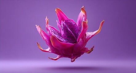 photorealistic dragon fruit levitating on a purple background, a minimalist concept in studio photography, high resolution, Generative AI.