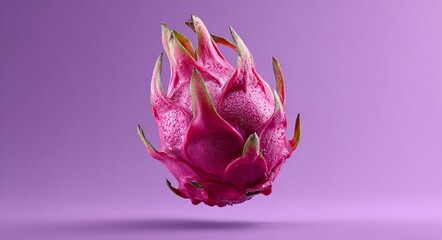 photorealistic dragon fruit levitating on a purple background, a minimalist concept in studio photography, high resolution, Generative AI.