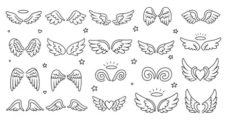A set of various hand-drawn angel wings and halos, perfect for adding a touch of whimsy and spirituality to your designs.