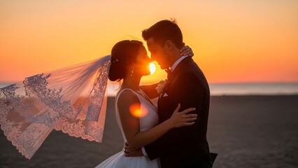 ウェディングフォト　新郎新婦　結婚　夕焼け　海