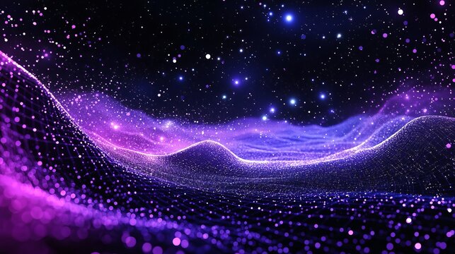 Mesmerizing digital galaxy with shimmering purple waves and twinkling stars, evoking wonder and infinite possibilities for technology and futuristic themes.