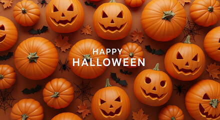 Flat lay top view photography of halloween pumpkins background with "happy halloween" text, white font, orange color tone, halloween theme.