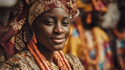 Portrait of a beautiful Nigerian woman in traditional Yoruba attire with coral beads, celebrating rich heritage at the Iganmode Cultural Festival, Africa