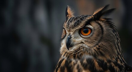 Obraz premium Dramatic close-up of a majestic Eurasian Eagle-Owl with piercing orange eyes. Ideal for nature publications, wildlife conservation, or spooky Halloween themes. 