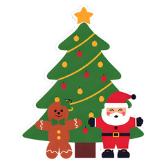 Cute Cartoon Santa, Christmas Tree, and Holiday Elements Illustration