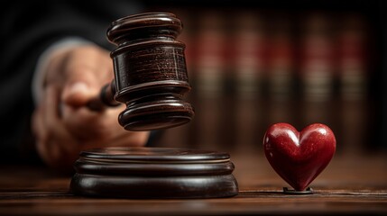 Justice Balancing Love and Law. A judge slams a gavel against a red heart.