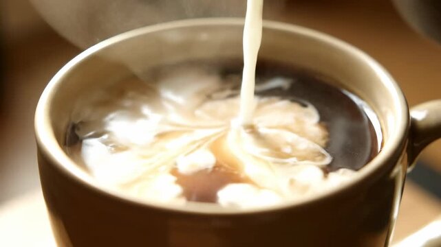 Coffee Alchemy: Milk cascades into a warm mug of fresh coffee, forming a mesmerizing swirl as steam rises, embodying the comforting essence of a morning ritual.