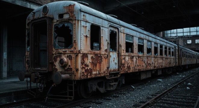 Decayed train car, covered in rust, with broken windows and graffiti