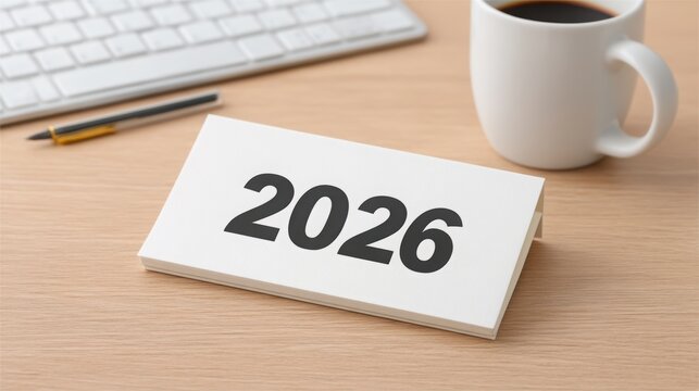 work goal 2026 Desk setup featuring a calendar displaying the year 2026 next to a coffee cup and pen.