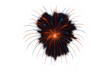 Firework exploding, creating brilliant sparks and colorful light trails with smoke. This isolated element is perfect for overlays