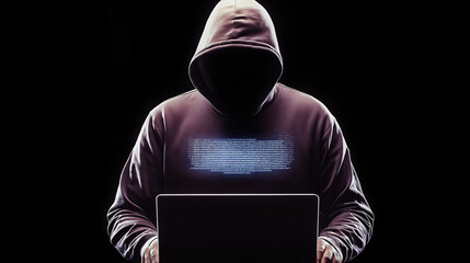 Hooded Cyber Hacker Typing Code in Dark Room, Anonymous Cybercriminal Programming Malware Attack, Digital Security Threat Concept, Computer Crime and Data Breach Technology Background