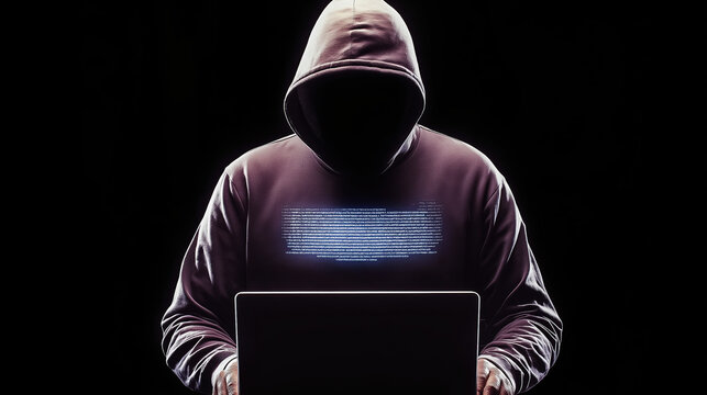Hooded Cyber Hacker Typing Code in Dark Room, Anonymous Cybercriminal Programming Malware Attack, Digital Security Threat Concept, Computer Crime and Data Breach Technology Background