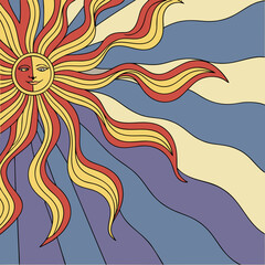 Retro sun with face and rays on colorful background