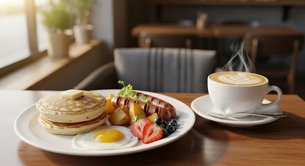 Cozy Cafe Breakfast with Pancakes, Coffee, and Fresh Fruits
