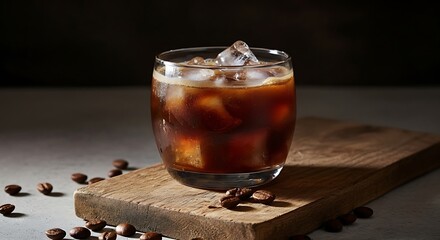 Iced Black Coffee in Glass with Ice Cubes on Wooden Board – Realistic Beverage Photography