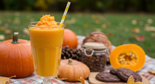A vibrant pumpkin smoothie served outdoors, evoking feelings of warmth and autumnal abundance.