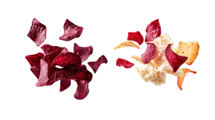 Two piles of dried red and yellow flower petals isolated on transparent background