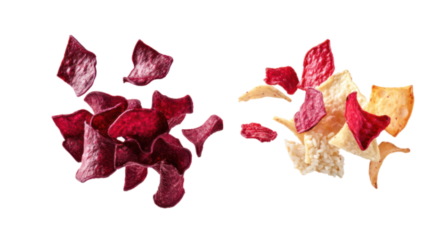 Two piles of colorful vegetable chips isolated on transparent background