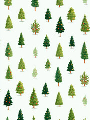 Fototapeta premium Seamless repeating pattern featuring illustrated evergreen tree with ornamented branches, varied conifer silhouettes, festive mood and soft watercolor texture