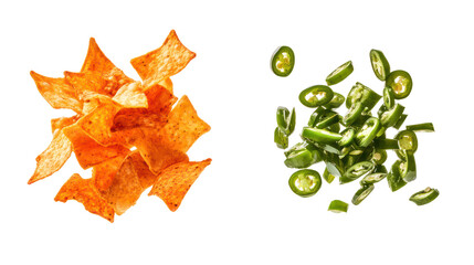 Nachos with salsa and sliced jalapenos isolated on transparent background