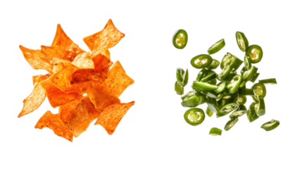 Nachos with salsa and sliced jalapenos isolated on transparent background