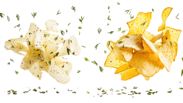 Two abstract floral shapes with delicate petals isolated on transparent background