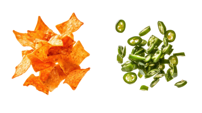 Nachos with salsa and sliced jalapenos isolated on transparent background