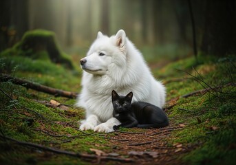 Obraz premium Majestic white samoyed dog and black kitten resting together in a lush green forest