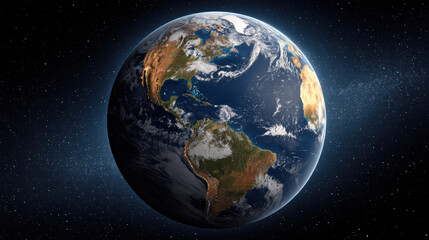 Obraz premium Realistic view of Earth from space showing continents, ocean, clouds, atmosphere and distant stars in dramatic cosmic scene