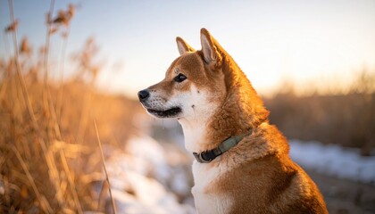 Golden Hour Portrait of a Shiba Inu Dog in a Snowy Landscape with Warm Sunlight Illuminating Its Fur and Bokeh Background