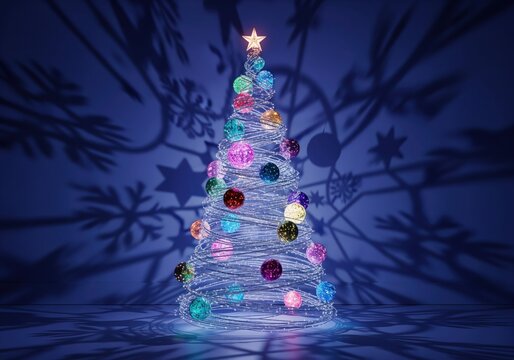 Festive glowing wire christmas tree adorned with bright multicolored baubles and star