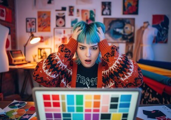 Stressed young designer with vibrant blue hair clutches head, facing a problem on laptop.