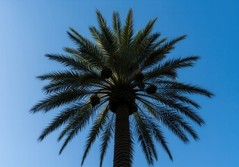 Obraz premium Majestic date palm tree silhouetted against a brilliant azure blue sky on a sunny day