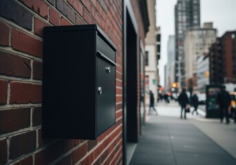 Sleek modern matte black steel mailbox mounted on a red brick wall in an urban setting