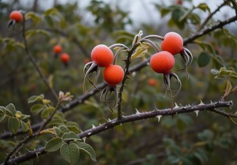 Close up of bright orange frosted rose hips on thorny branches in winter