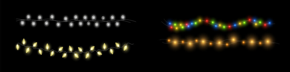 Christmas lights. Bright Xmas garland. Vector glow light bulbs on wire strings