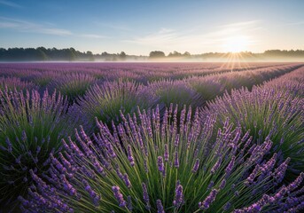 Expansive purple lavender field at sunrise with morning mist and soft golden light