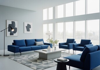Fototapeta premium Contemporary living room with blue sofa and armchairs, minimalist interior design