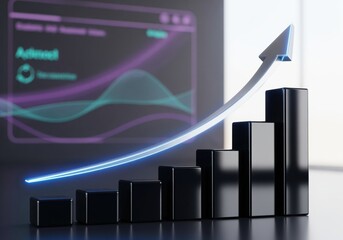 Dynamic bar chart with glowing arrow symbolizing business growth, financial success, and technological advancement