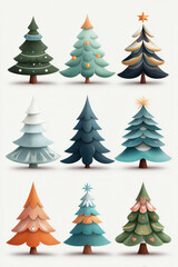 Obraz premium Whimsical stylized Christmas tree illustrations in varied colors and layers with ornaments and stars, festive decorative holiday pine designs evoking cheerful seasonal mood