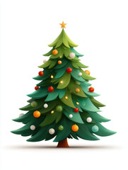 Fototapeta premium Festive green Christmas tree decorated with colorful bauble ornament and star on white background evoking joyful holiday celebration