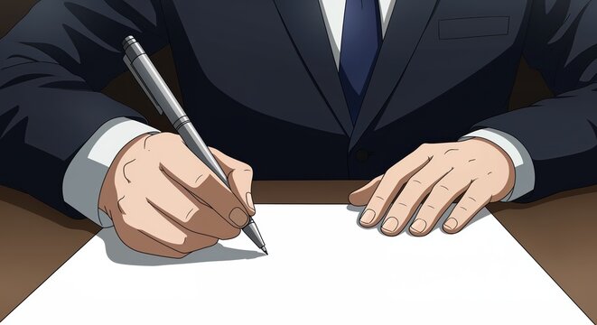 Decision of Authority: An authoritative figure, impeccably dressed in a tailored suit, intently pens a document, embodying the power of governance, and the weight of consequential choices.
