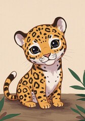 Fototapeta premium Playful Cub's Portrait: An adorable cub with a vibrant spotted coat and engaging gaze is captured in a heartwarming portrait, embodying innocence.