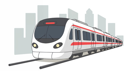 Naklejka premium Urban Commute: A sleek, modern train glides along its tracks, a symbol of efficient urban transport against the backdrop of a bustling city skyline.