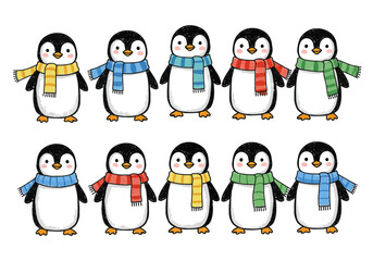 Charming Cartoon Penguins Wearing Colorful Scarves