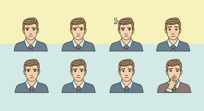 Illustrations portraying different emotional states of a businessman in various scenarios