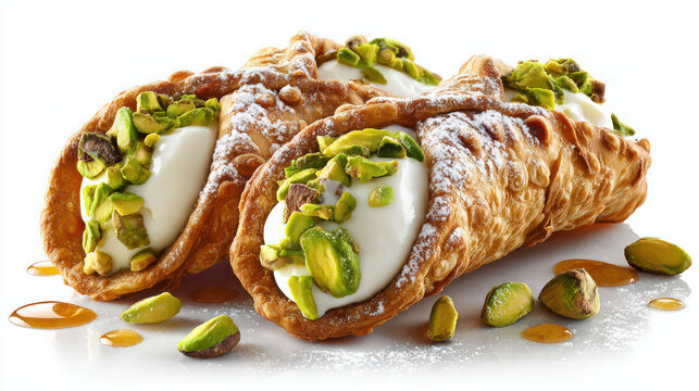 italian cannoli with ricotta and pistachios on a white background