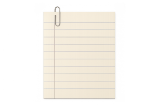 Lined note paper sheet with paperclip, blank memo for reminders and important messages on transparent background