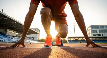 Starting Line Determination: Sprinter in Ready Position on Running Track with Stadium Background and Bright Morning Sun Flare
